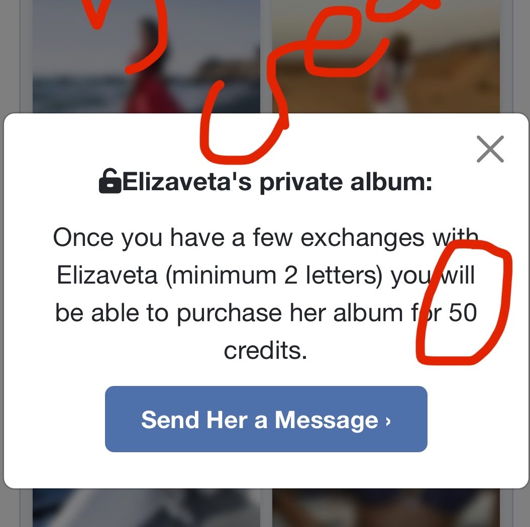 Dream Singles warning that a private album costs 50 credits after a minimum of two letters