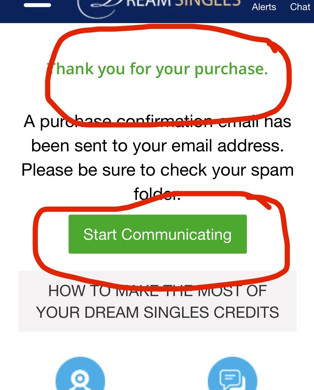 Dream Singles credit purchase screen showing 50 credits for $39