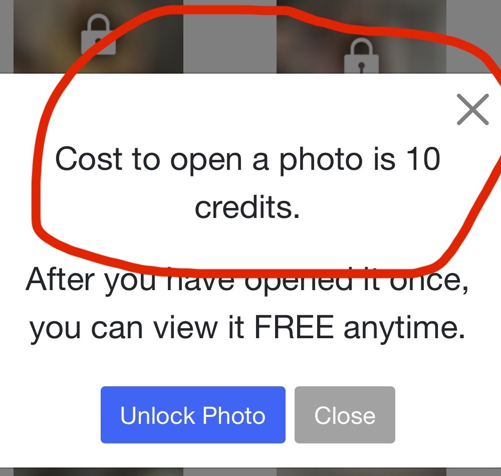 Dream Singles warning that opening a photo costs 10 credits